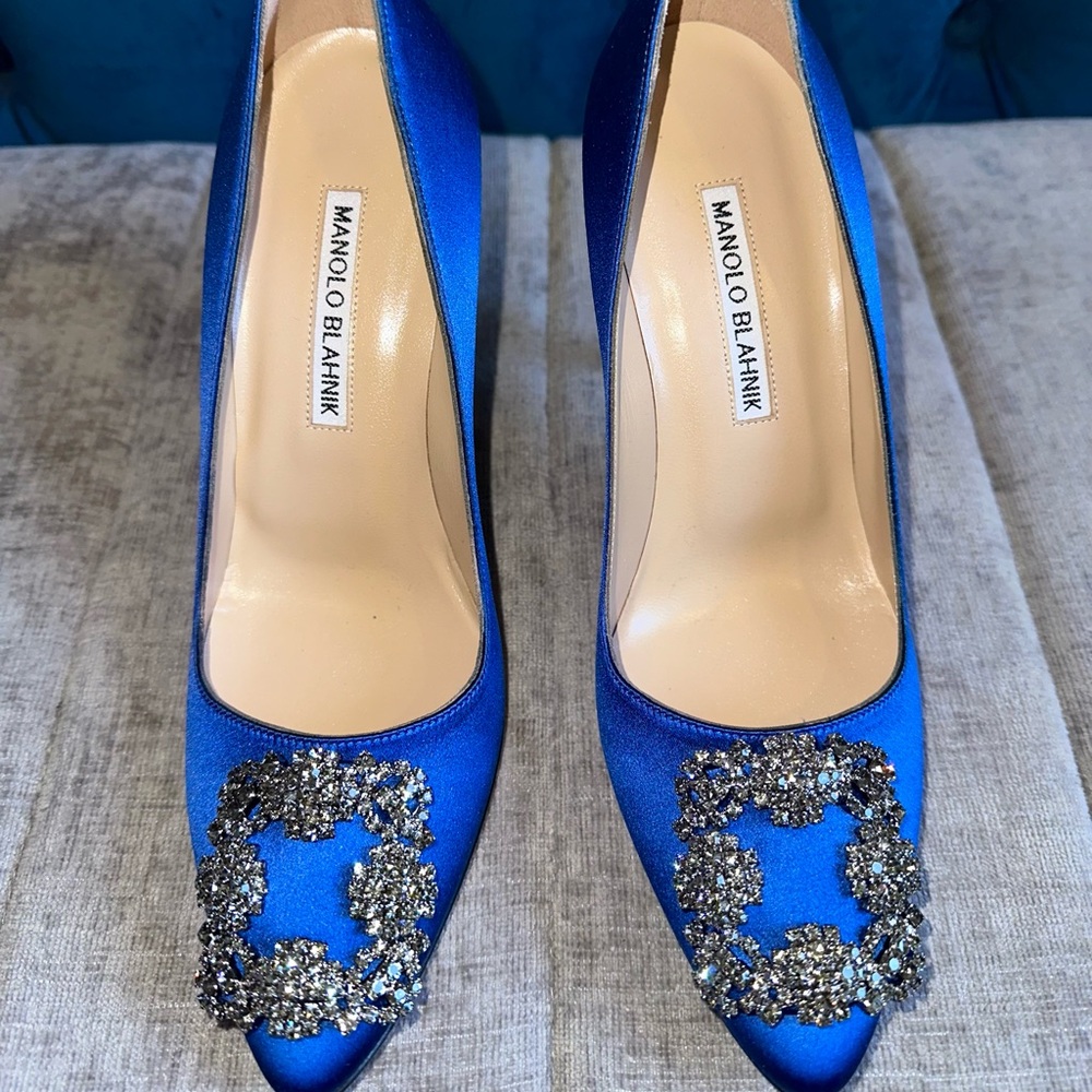 Manolo Blahnik ICONIC Hangisi Blue Embellished Heels